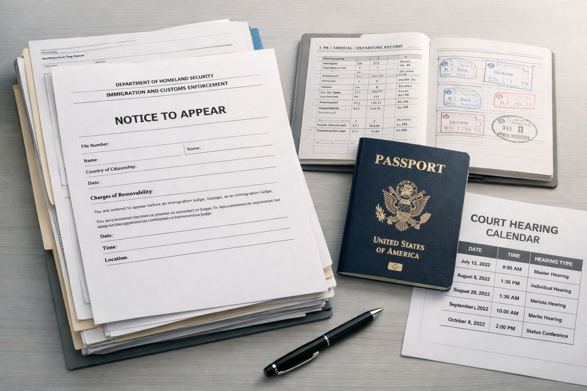 A stack of immigration paperwork on a desk, with a formal charging document laid on top, a passport and travel record pages beside it, and a court calendar sheet showing multiple hearing dates