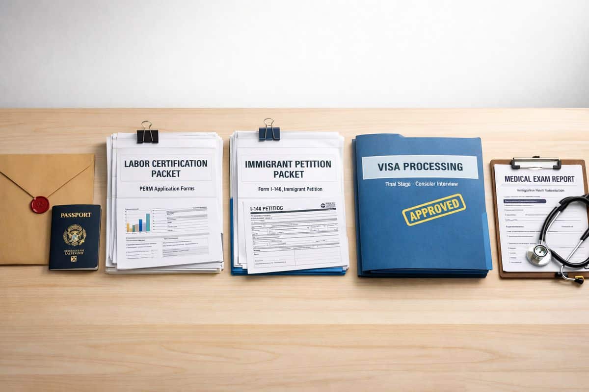A step-by-step immigration workflow shown as a row of documents and forms on a table: a labor certification packet, an immigrant petition packet, and a final visa processing folder, with a sealed envelope, a passport, and a medical exam report placed beside them to show the progression from sponsorship to approval