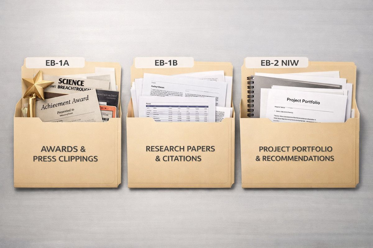 Three labeled manila folders laid out side by side on a table, each filled with different kinds of immigration evidence: awards and press clippings in one, research papers and citation printouts in another, and a project portfolio with recommendation letters in the third, representing the EB-1A, EB-1B, and EB-2 NIW options.