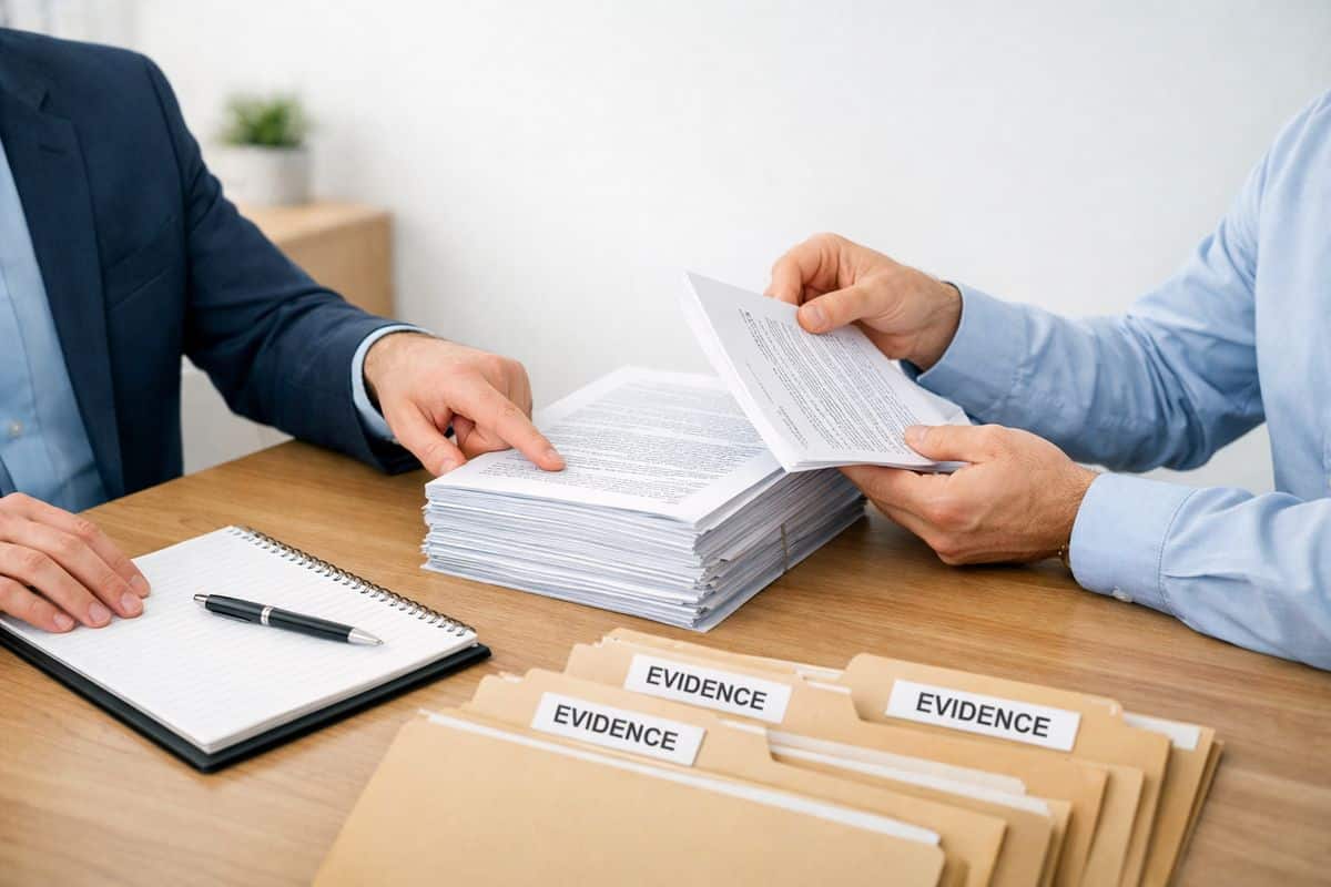 A consultation scene with two people seated across a table, one person pointing to a thick packet of case documents while the other flips through pages, with a notepad, pen, and several neatly arranged evidence folders between them