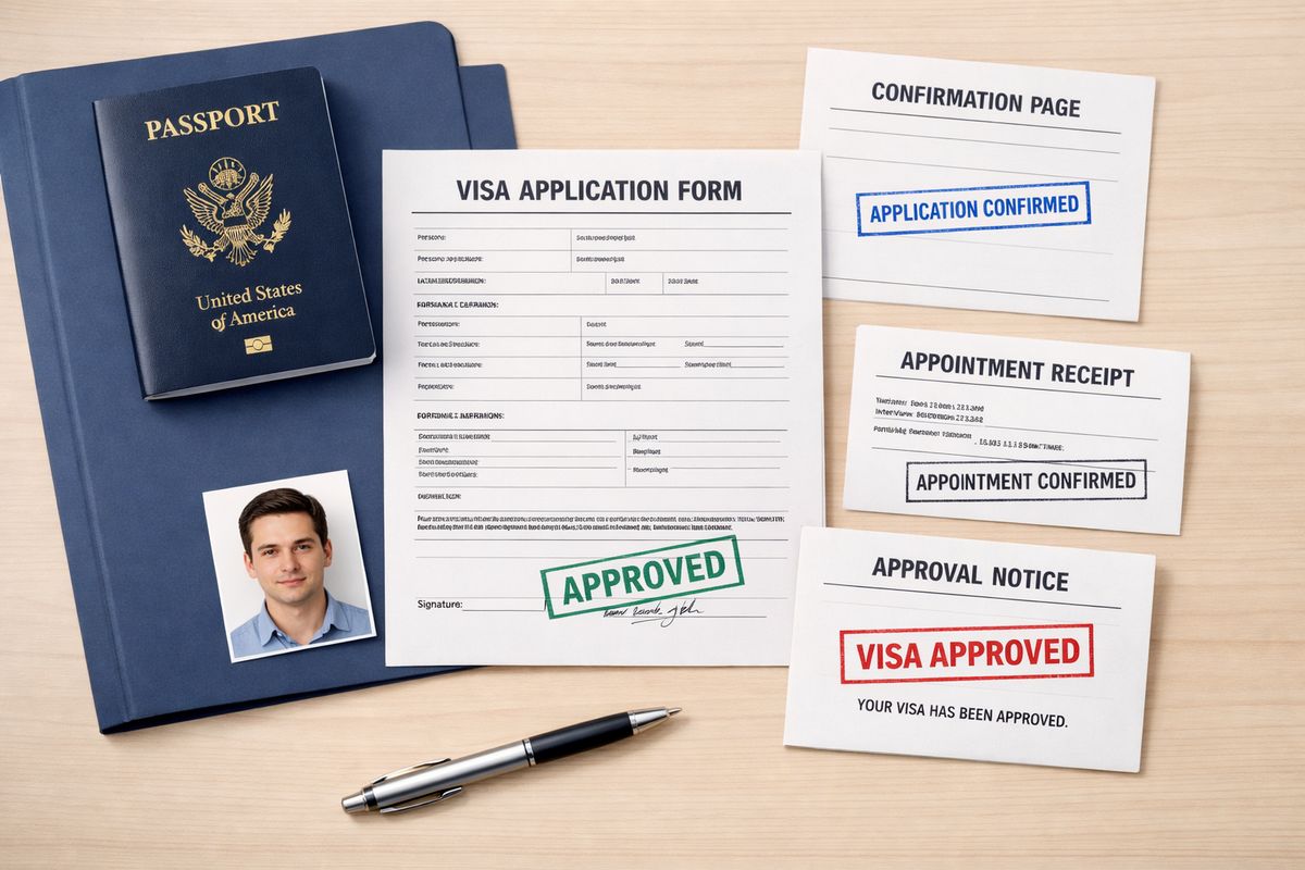A travel document preparation scene with a passport, a completed visa application form, a confirmation page, an appointment receipt, a visa photo, and an approval notice neatly arranged on a desk next to a pen and a folder, showing the step-by-step stamping process.