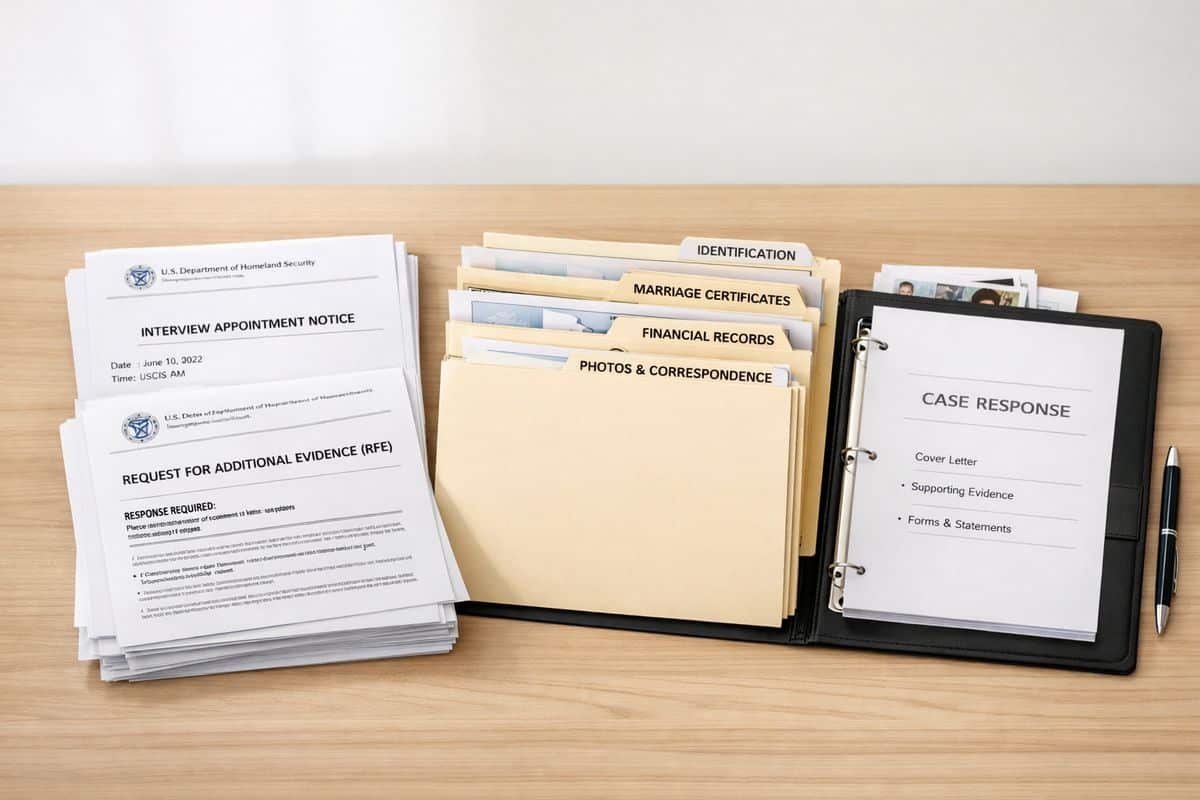 A stack of immigration agency letters and evidence packets on a table, with an interview appointment notice, a request for additional documents, a set of organized supporting records in labeled folders, and a prepared binder for a case response