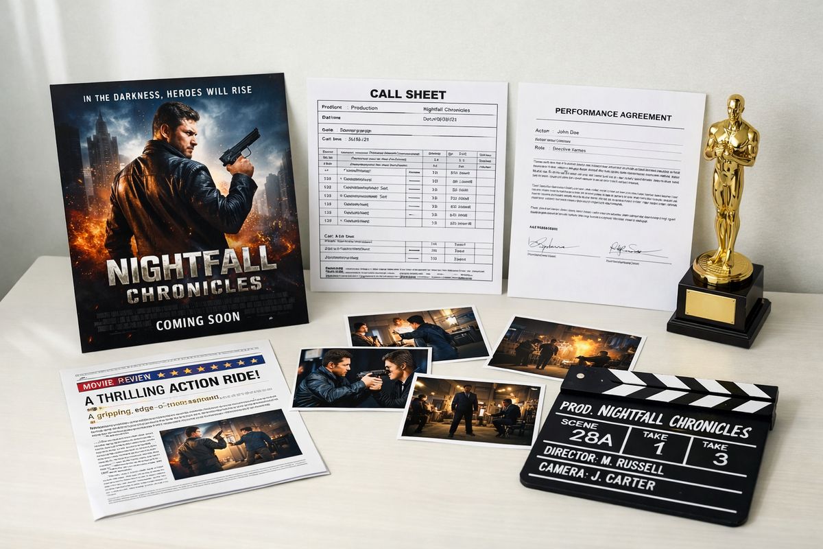 A film production evidence spread on a studio table, including a movie poster, a call sheet, a performance contract, still photographs from a set, a critic’s magazine review, and an award trophy arranged beside a clapperboard