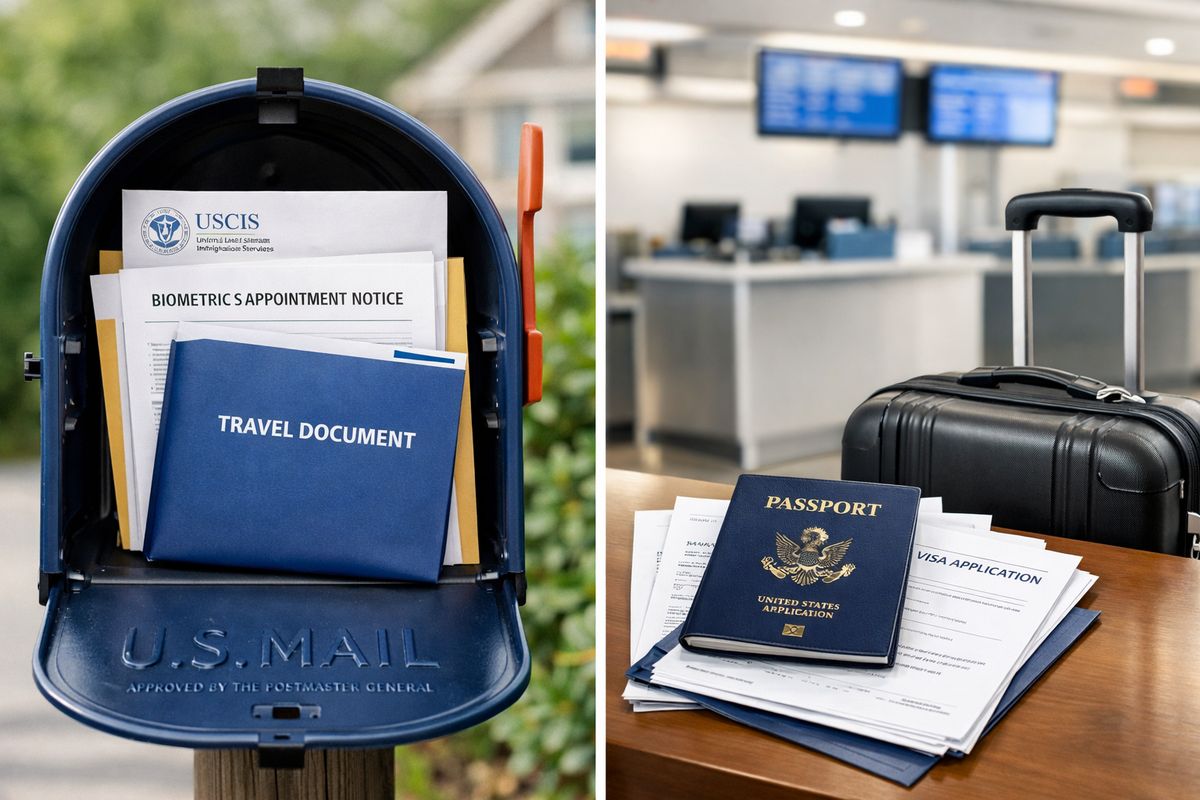 Two side-by-side immigration processing scenes: on one side, a U.S. mailbox with a government document packet, biometrics appointment paperwork, and a travel document in a folder; on the other, a passport, visa-ready documents, and a suitcase beside a check-in counter at an airport-style setting to represent consular processing abroad.