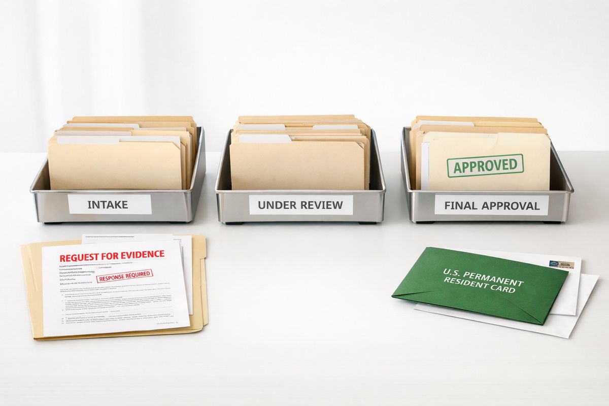 A workflow-style scene showing a row of immigration case folders moving through labeled trays from intake to review to final approval, with one folder beside a stamped request-for-evidence letter and another beside a green card envelope ready for mailing