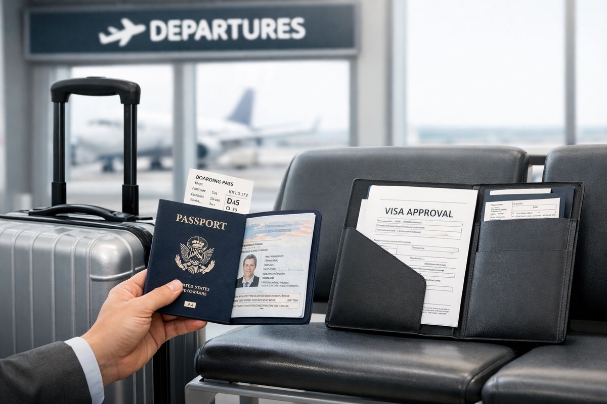 An airport departure scene with a rolling suitcase, a passport held open, a boarding pass, and a second document folder showing travel paperwork beside a departure gate seating area, suggesting a trip that must be checked against visa and status validity before leaving.