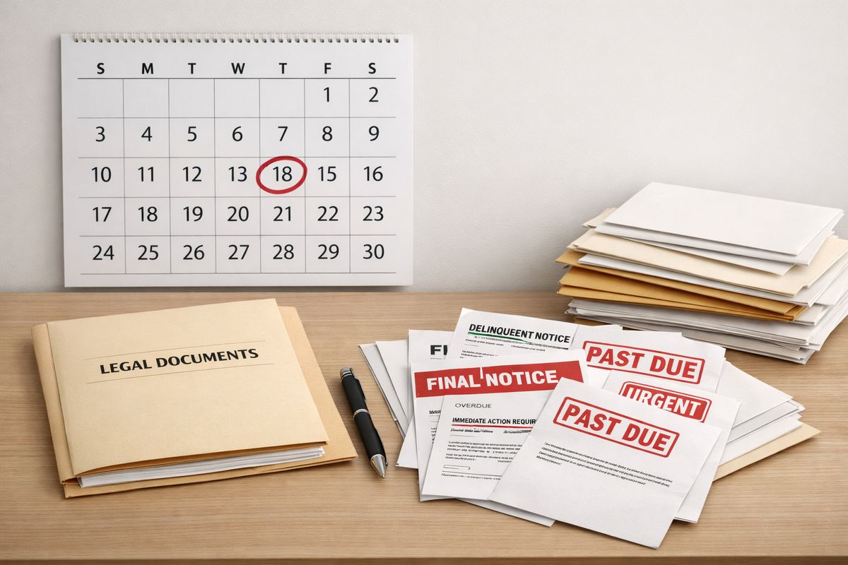 A wall calendar beside a legal packet and a pile of envelopes, with one date circled in red ink and several past-due mail items fanned out nearby, emphasizing the pressure of filing windows and missed deadlines