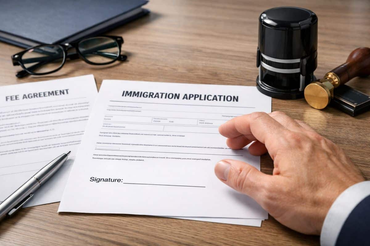 A tense scene of immigration paperwork on a desk with a blank signature line, an unsigned fee agreement, a notary stamp sitting nearby, and a hand pulling back from a form, suggesting pressure, suspicious handling, and the risk of bad advice.
