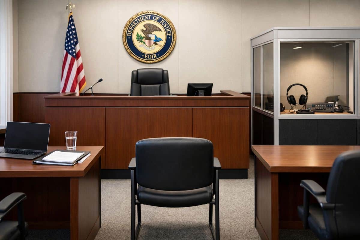 The inside of an immigration courtroom with a judge’s bench, a government attorney table, an interpreter booth with headset equipment, and an empty respondent chair facing the front of the room