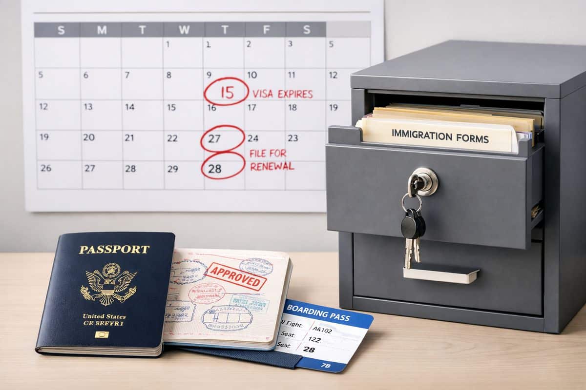 A travel and immigration planning scene with a stamped passport, an airline boarding pass, a locked filing cabinet holding immigration forms, and a wall calendar marked around visa expiration and filing dates, showing the need to manage status and travel carefully while a case is pending.