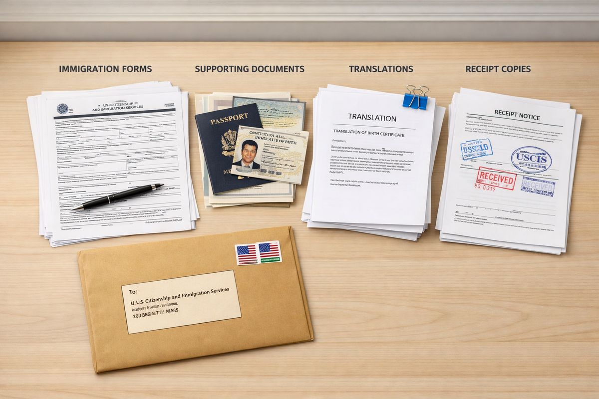 A complete immigration application packet being assembled on a desk, with completed forms, supporting documents, translated pages clipped together, a postage envelope, and stamped receipt copies arranged in separate piles