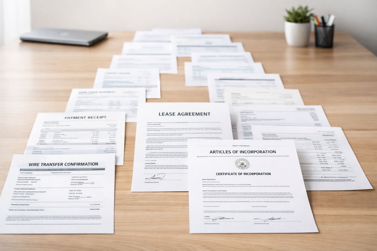 A long sequence of financial and business documents spread across a desk, including wire transfer confirmations, receipts, lease agreements, incorporation papers, and bank statements arranged in a clear timeline