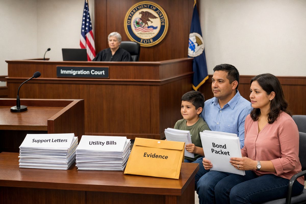 An immigration courtroom hearing setup with a judge's bench, a podium, stacks of support letters and utility bills, a manila envelope of evidence, and a family sitting nearby holding documents for a bond packet