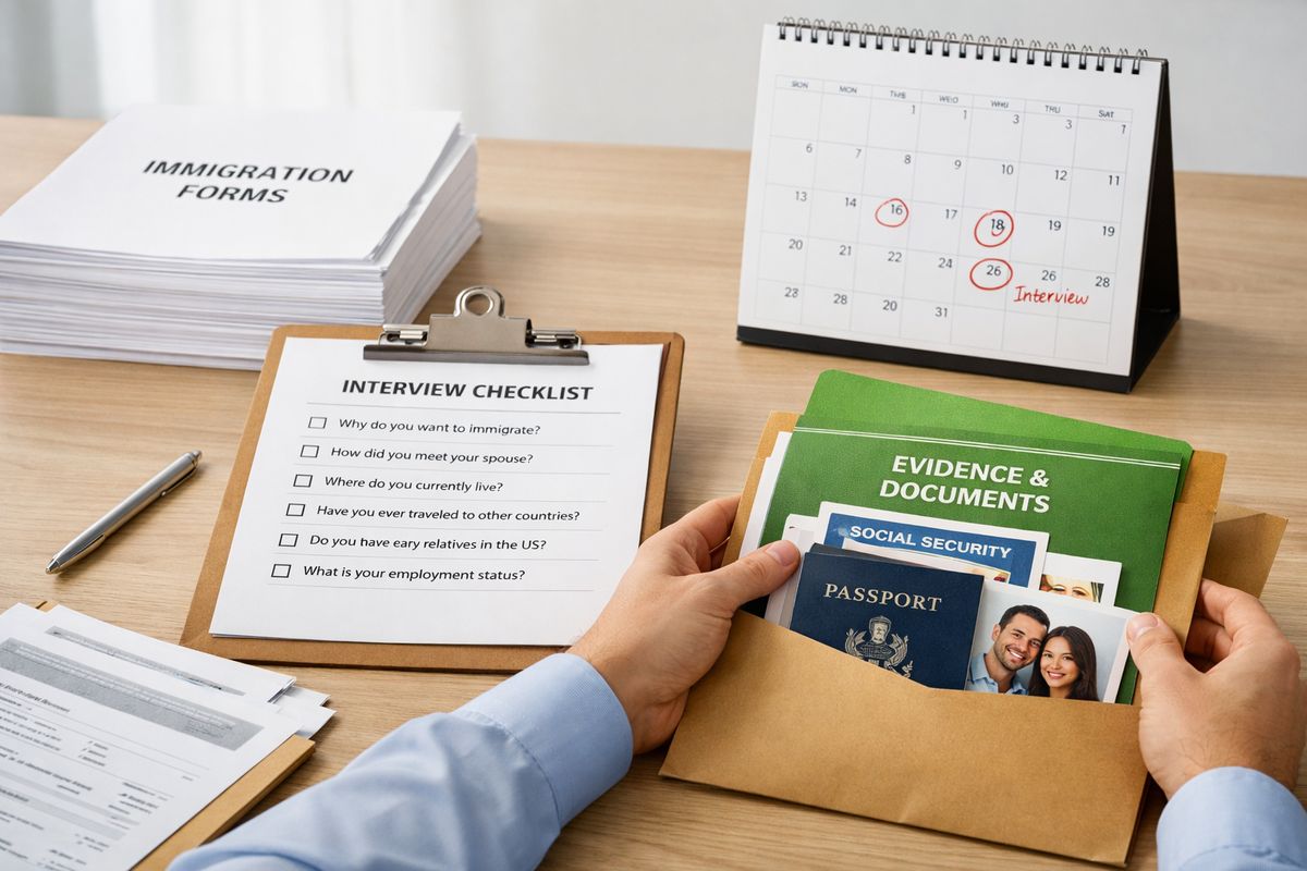 A consultation prep scene with a thick stack of immigration forms, a checklist of interview questions, a calendar marked with appointment dates, and a person organizing identification documents and supporting evidence into a single filing packet