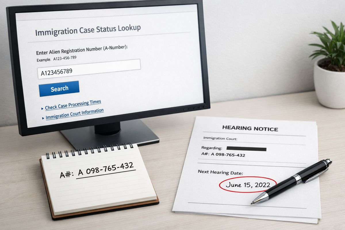 A desktop monitor displaying an immigration case lookup page beside a notebook with an A-Number written down, a printed hearing notice, and a pen marking the next court date