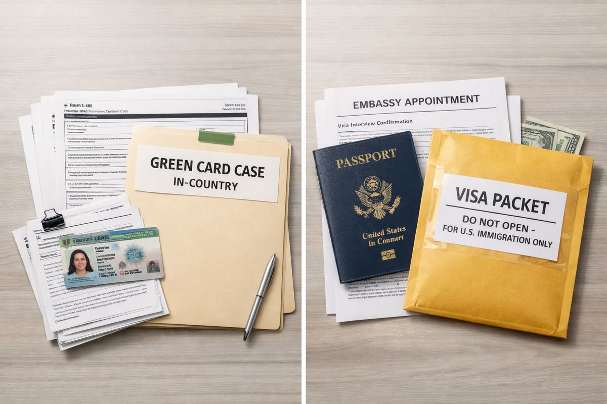 A split immigration workflow scene with one side showing a stack of forms, a travel document, and a folder labeled for an in-country green card case, and the other side showing a passport, embassy appointment papers, and a sealed visa packet ready for overseas processing.