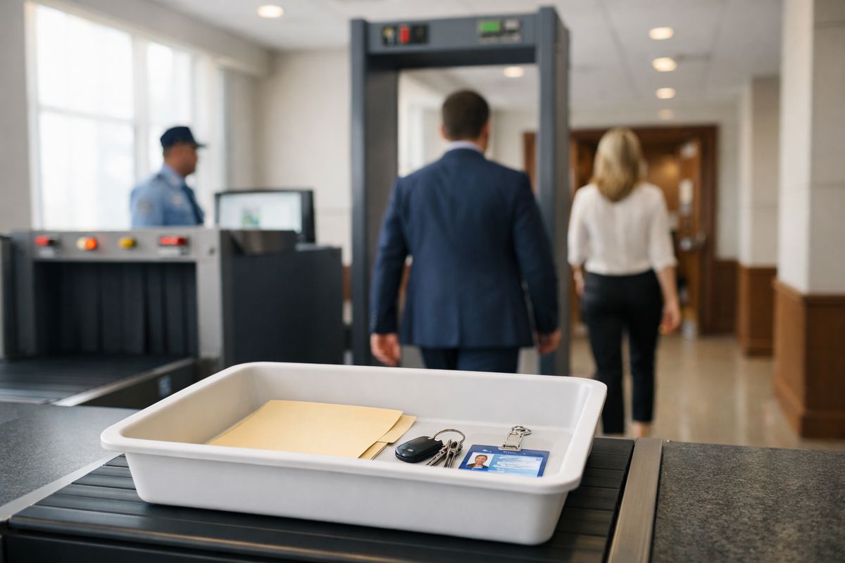 The entrance of a courthouse security checkpoint with a metal detector, X-ray tray, and people placing a folder, keys, and identification into a bin before walking toward the courtroom area