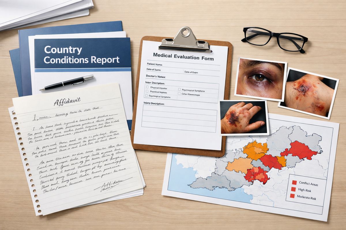 A desk covered with country conditions reports, a medical evaluation form, photographs of injuries, a handwritten affidavit, and a printed map of a foreign country highlighted with several regions of conflict