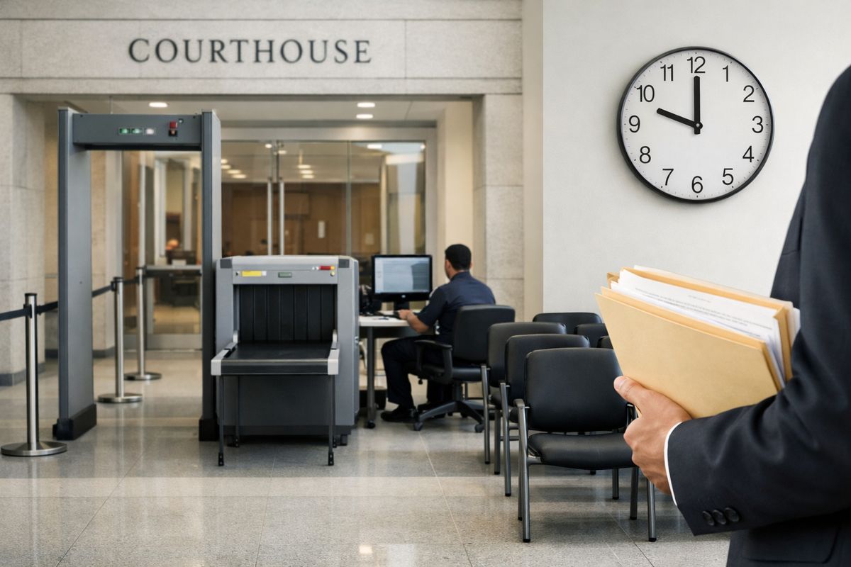 The exterior of a courthouse entrance with security screening, a person holding a folder of documents, and a waiting area with rows of seats and a wall clock