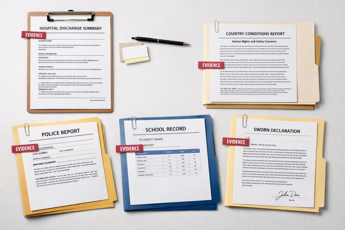 A neatly organized set of evidence items spread across a table, including a hospital discharge summary, a country conditions report printout, a police report, a school record, and a signed declaration, all arranged with paper clips and folders