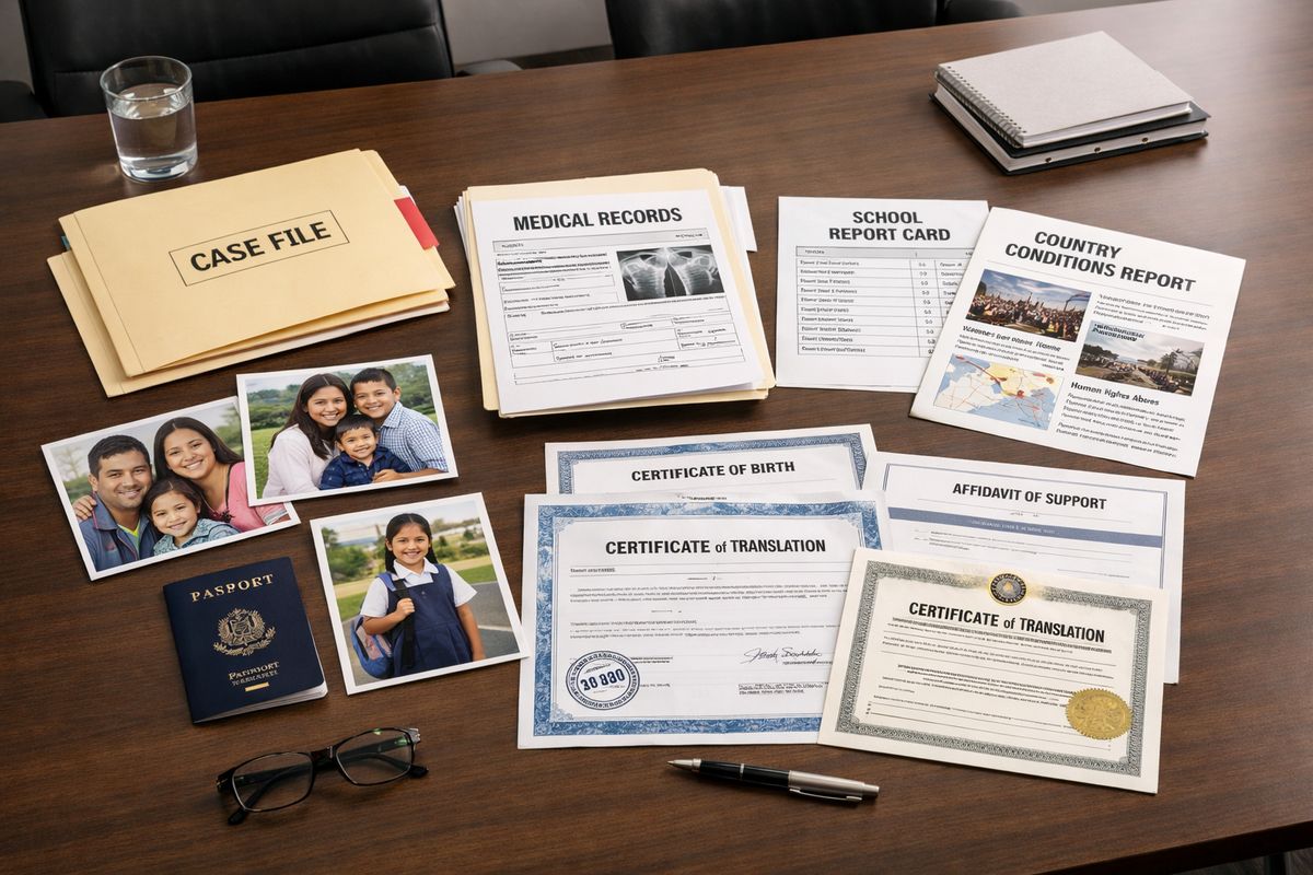 A legal case-preparation scene with organized folders, family photos, medical records, school report cards, country conditions printouts, and certified documents spread neatly across a conference table
