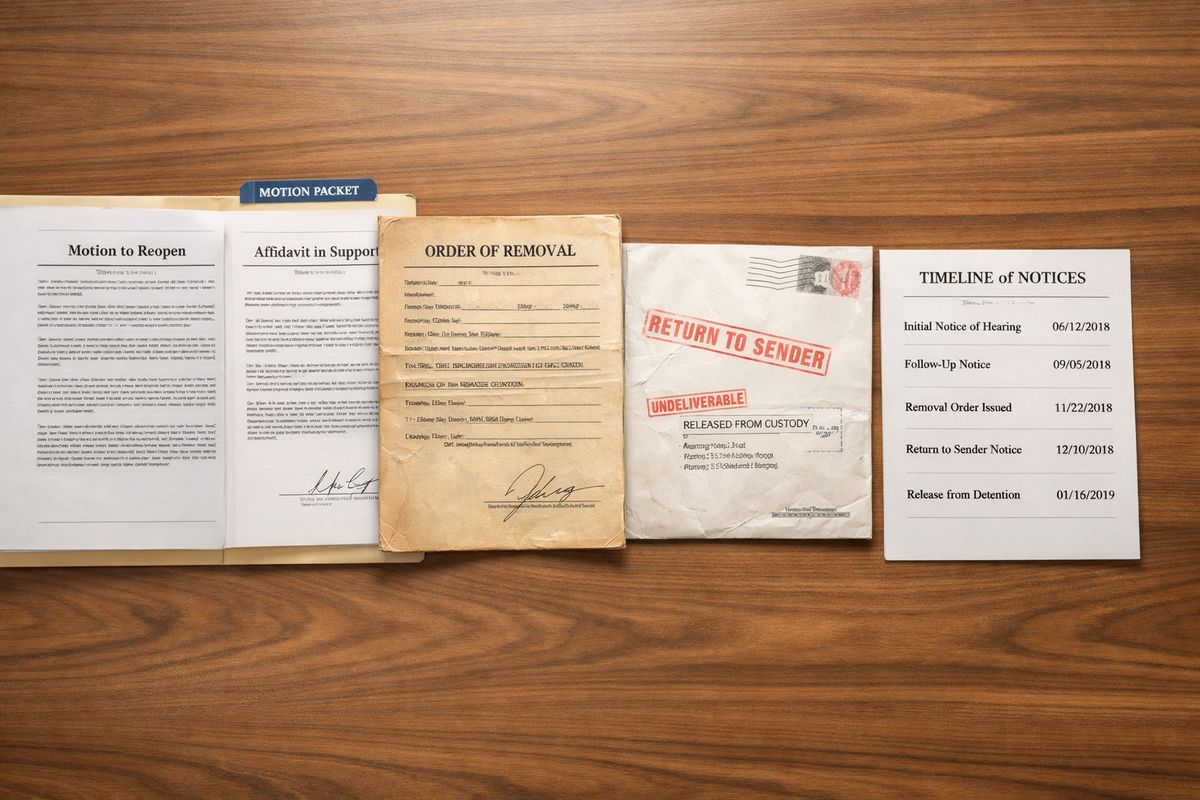 A courtroom file with a motion packet spread open beside an old removal order, a returned envelope, detention release paperwork, and a timeline of notices arranged in chronological order on a wooden desk
