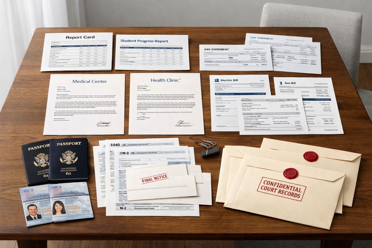 A dining table covered with arranged evidence items including school report cards, pay stubs, medical letters, utility bills, tax forms, passport copies, and sealed envelopes of court records