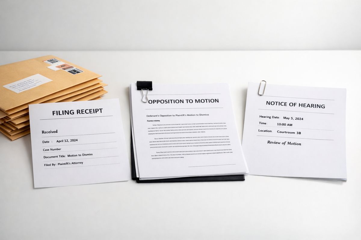 A stack of mailed legal envelopes next to a filing receipt, an opposition packet, and a separate notice marked by a paper clip, showing the sequence of a motion being received, responded to, and reviewed