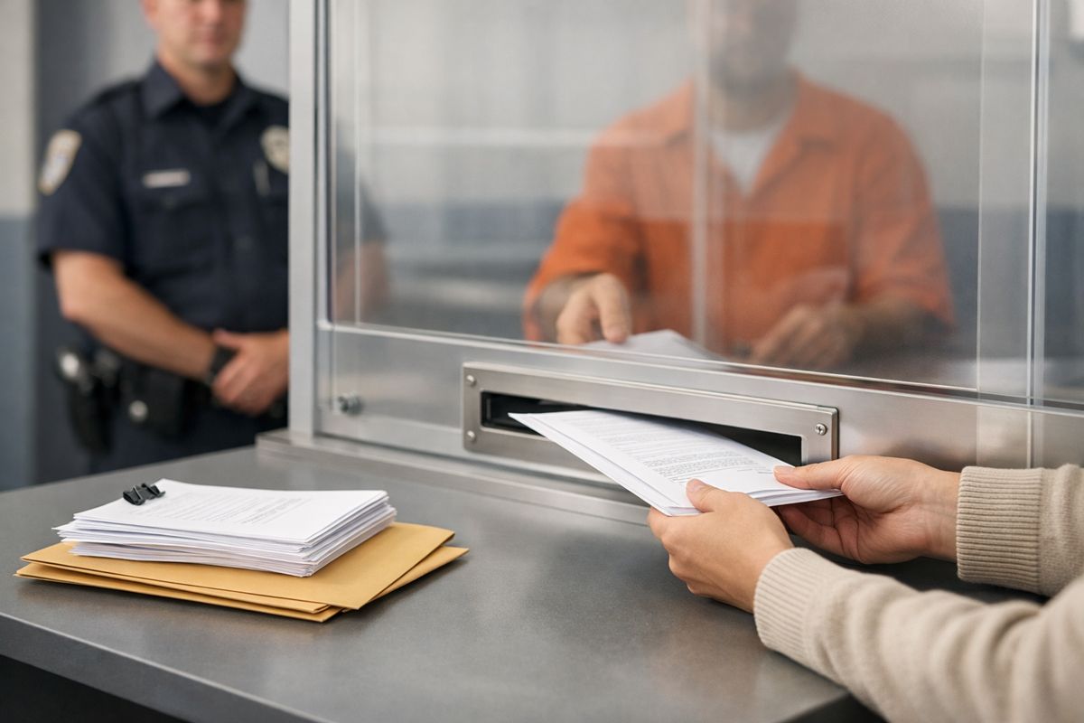 A detention facility visitation room with a plexiglass barrier, a family member passing documents through a slot, a uniformed guard in the background, and a stack of legal papers and envelopes on the table