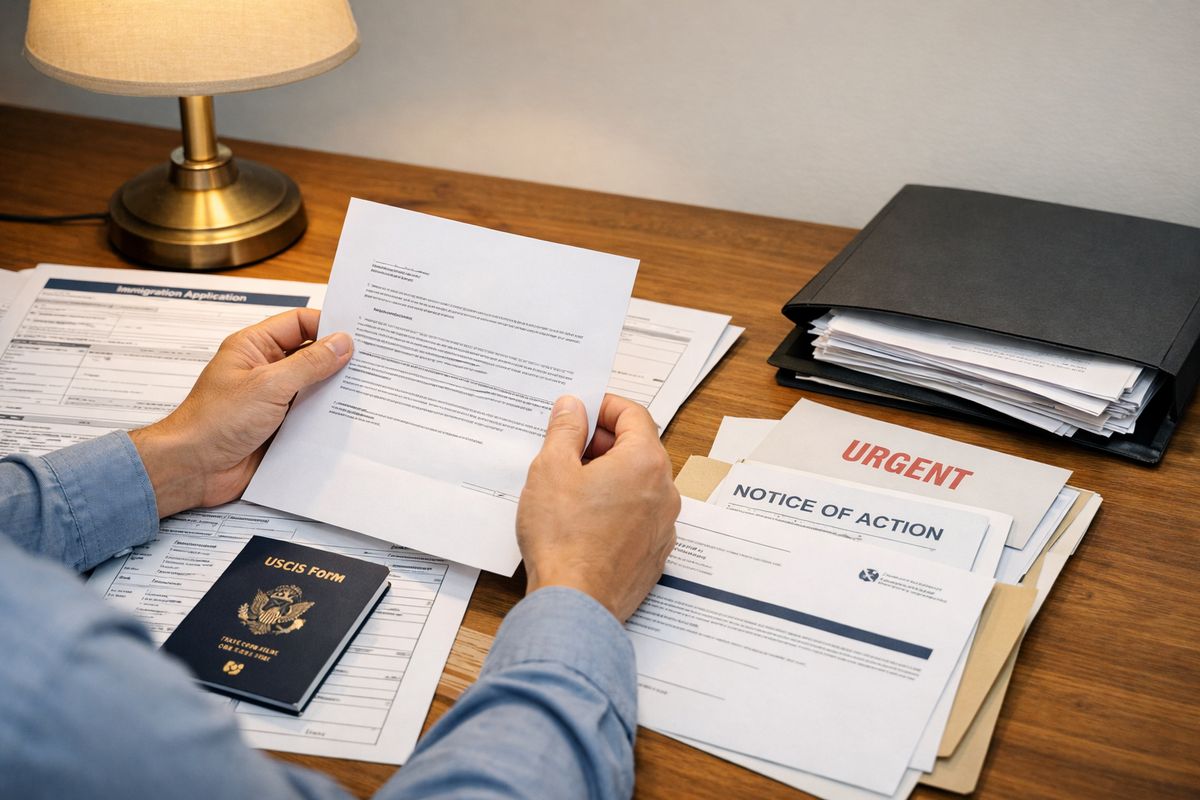 A cluttered kitchen table covered with immigration forms, a passport, a stack of notices, a folder of copied documents, and a person’s hands holding a letter while looking concerned under a warm desk lamp