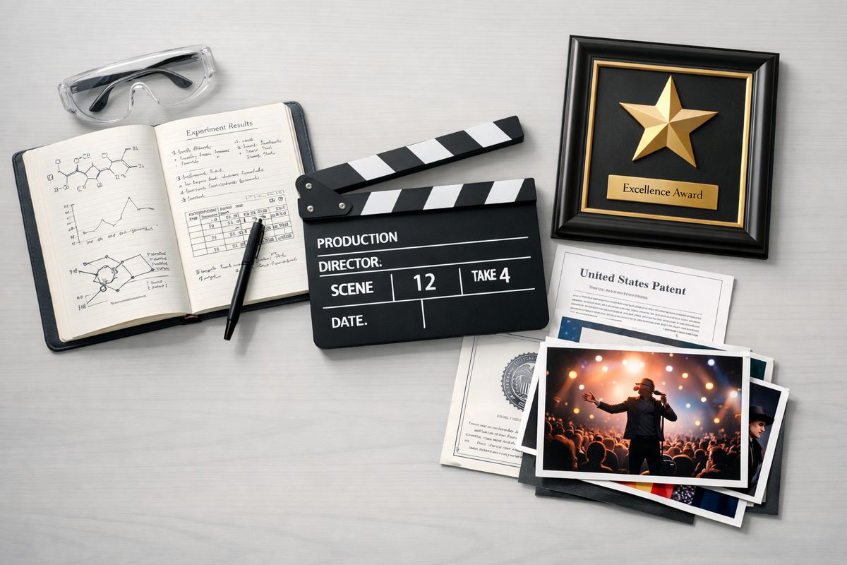 A neatly arranged worktable showing a scientist’s lab notebook, a film clapperboard, a framed award, a patent document, and a stack of performance photos, illustrating different high-achievement careers that could fit the visa.