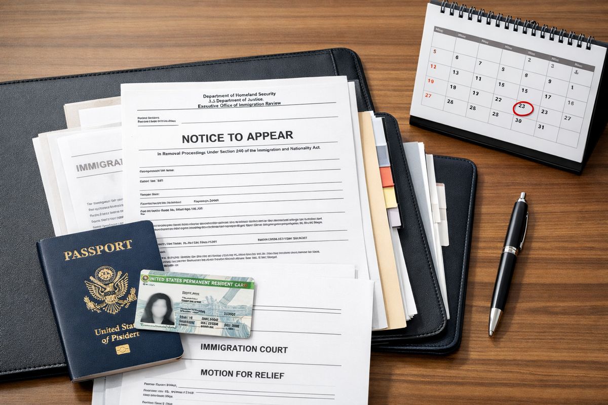 A lawyer’s desk covered with immigration court papers, a Notice to Appear, a passport, a green card, and a neatly organized folder of supporting documents, with a pen and calendar beside them to show case preparation and urgent deadlines.