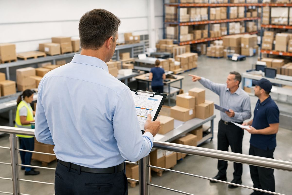 A warehouse or operations floor with one person standing at a raised platform reviewing schedules while several employees work below, with clipboards, stacked boxes, and a floor supervisor pointing toward different stations to show high-level oversight rather than hands-on labor