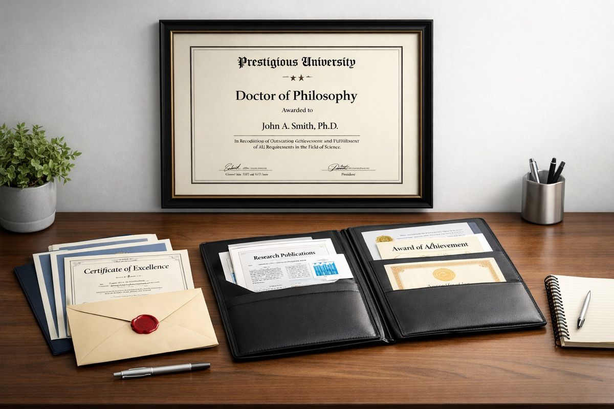 A neatly arranged desk scene with a framed advanced degree diploma, a stack of professional certificates, a sealed envelope of recommendation letters, and a portfolio of research papers and awards laid out beside a notebook, suggesting evidence for an exceptional ability or advanced degree immigration case