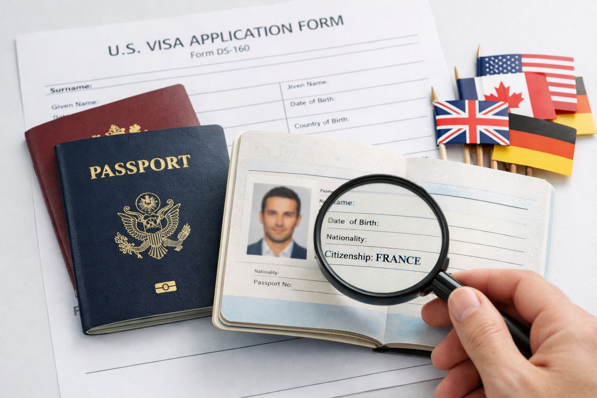 A close-up of two passports from different countries lying beside a U.S. visa application form and a small stack of country flags, with one passport slightly open to the identity page and a hand holding a magnifying glass over the citizenship details