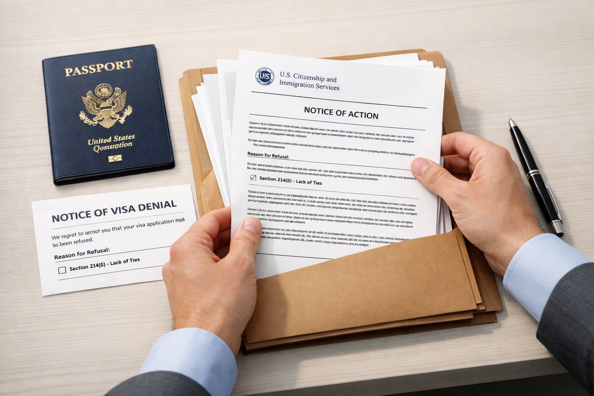 A tabletop scene with a passport, a consular refusal slip, a USCIS-style notice, a folder of application documents, and a pen laid out in an organized stack, with a person’s hands sorting the papers carefully