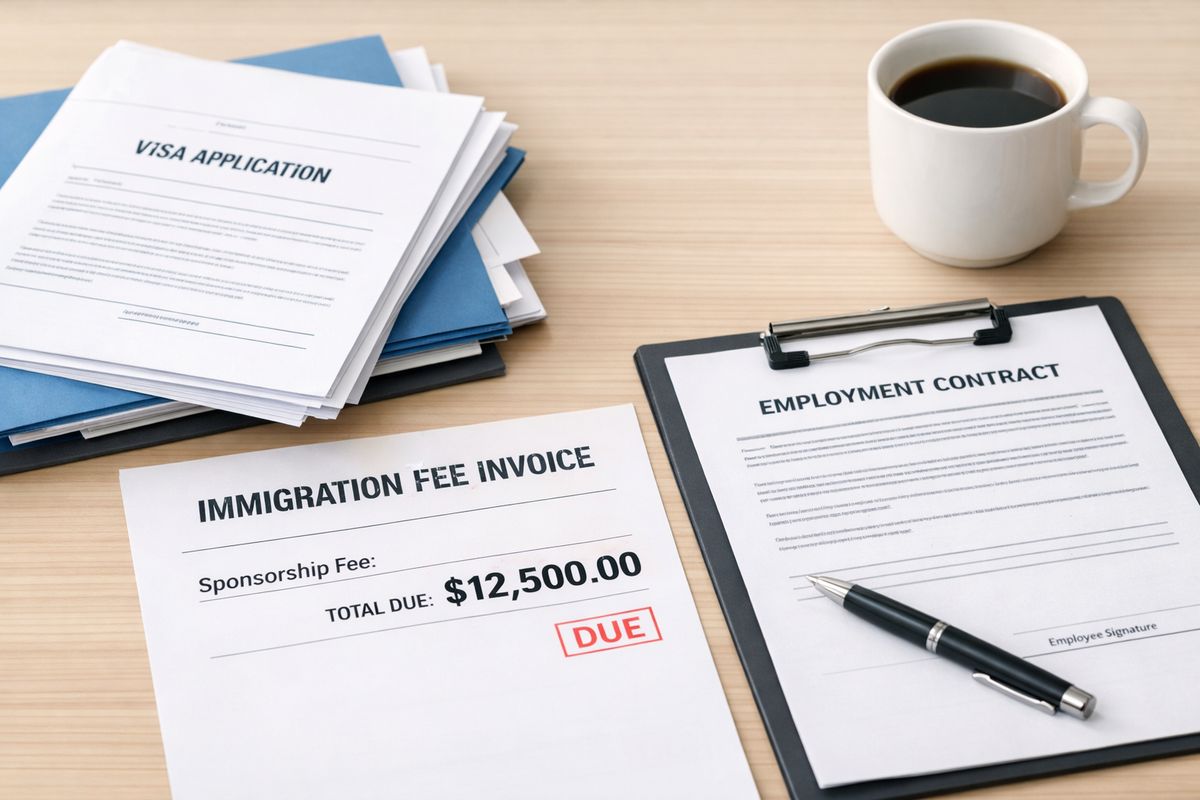 A close-up of an employer’s payroll desk with an immigration fee invoice, a stack of visa paperwork, a calculator, and an unsigned employment contract beside a coffee mug, showing a company deciding whether to absorb a large sponsorship cost