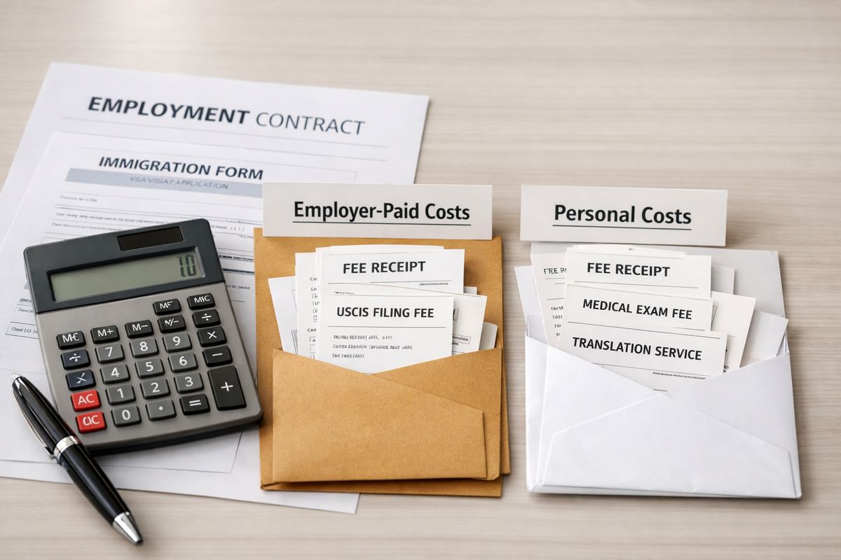 A close-up scene of an employment contract and immigration filing paperwork laid out on a desk, with several separate fee receipts and envelopes grouped into employer-paid costs and personal costs, plus a calculator and pen beside them
