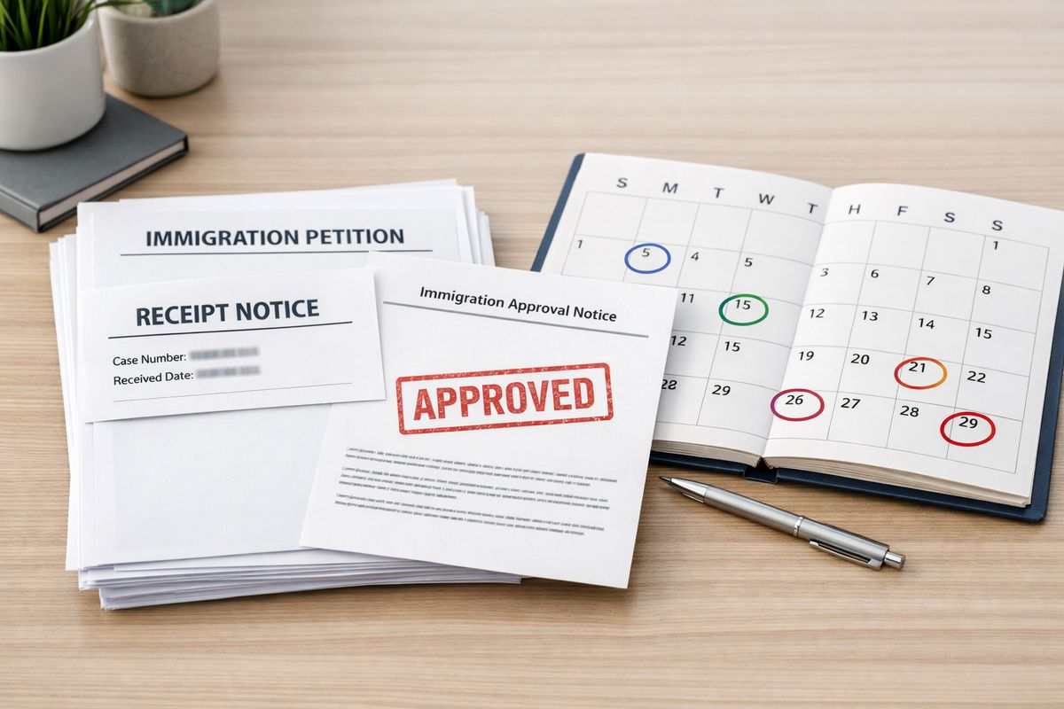 A neatly organized immigration file on a table with stacked petition forms, a stamped approval notice, a receipt notice, and a calendar open beside them with several dates circled, showing the case at different stages of processing
