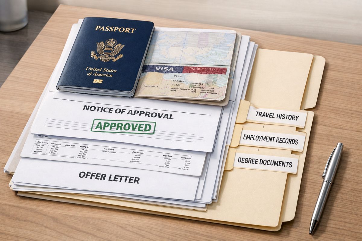 A neatly arranged stack of immigration documents on a desk, including a passport, visa stamp page, approval notices, recent pay stubs, an offer letter, and a folder with tabs separating travel history, employment records, and degree documents