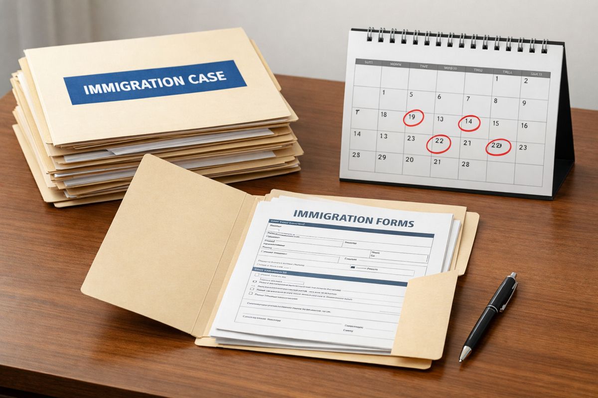 A stack of immigration case folders on a desk beside a sealed envelope, with one folder partly open showing forms, a calendar with several dates circled, and an unused pen resting next to the paperwork to suggest a case that has been paused or slowed.