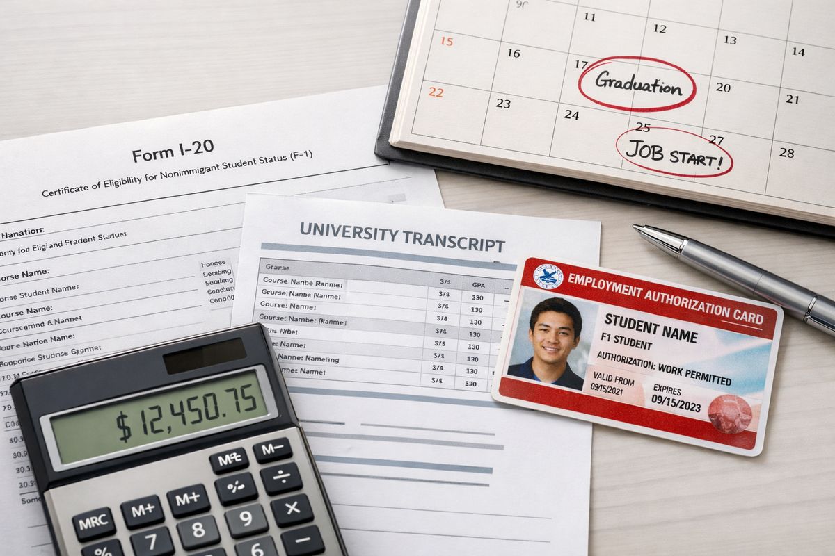 A close-up scene of an international student’s immigration paperwork spread across a desk beside a university transcript, an I-20 form, and a USCIS-style employment authorization card, with a calculator showing a high total and a calendar marked around graduation and job start dates