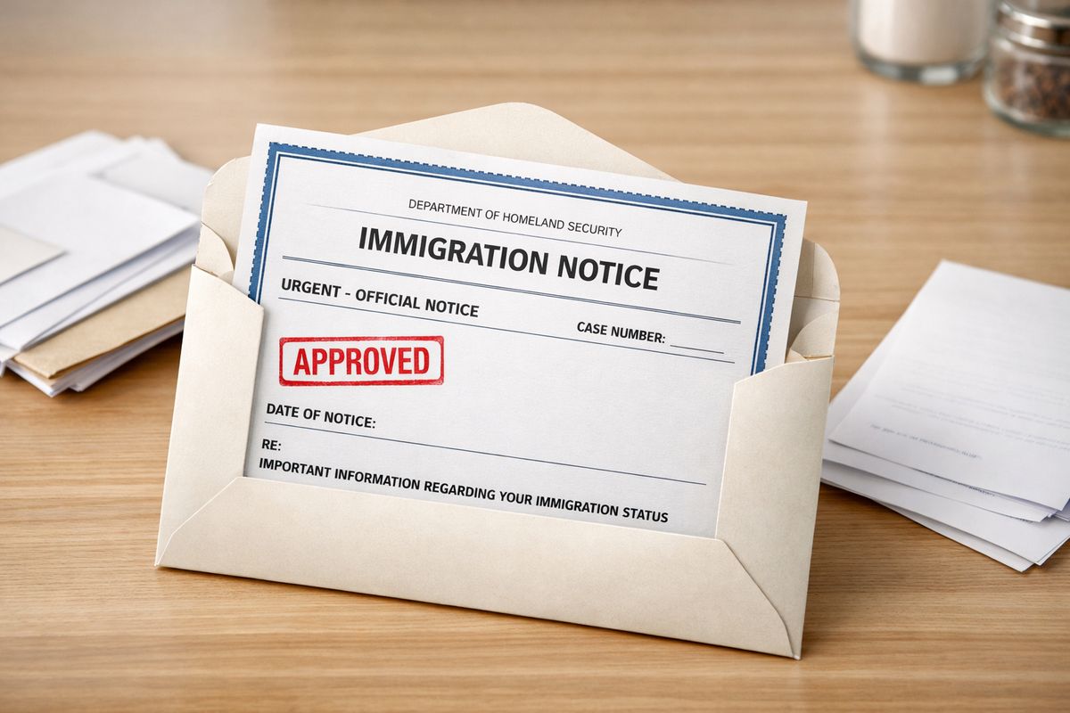 A close-up of a government immigration notice paper on a kitchen table, with the top portion visible in an opened envelope alongside other mailed documents, showing a formal document layout with stamped edges and a folded letter resting beside it