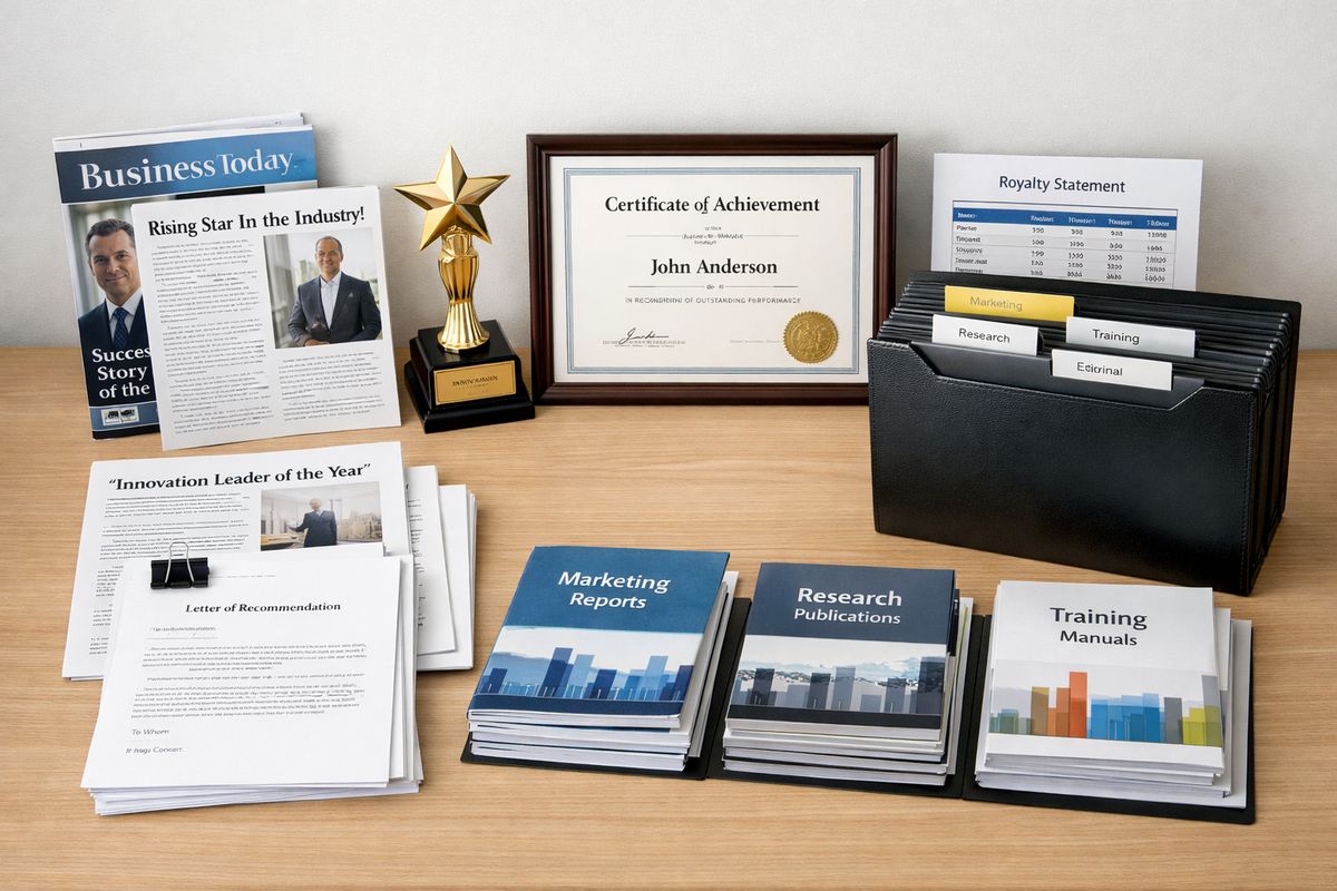 A spread of supporting evidence laid out on a desk, including printed magazine articles, a trophy, a certificate, a royalty statement, a stack of recommendation letters, and a folder of professional publications being sorted into categories.