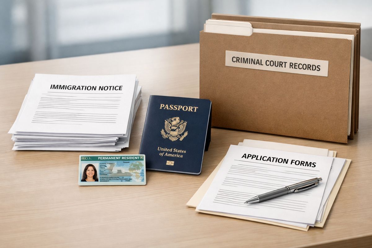 A consultation table with a stack of immigration notices, a passport, a permanent resident card, prior application forms, and a folder of criminal court records arranged for review, suggesting a first legal meeting about a removal case.