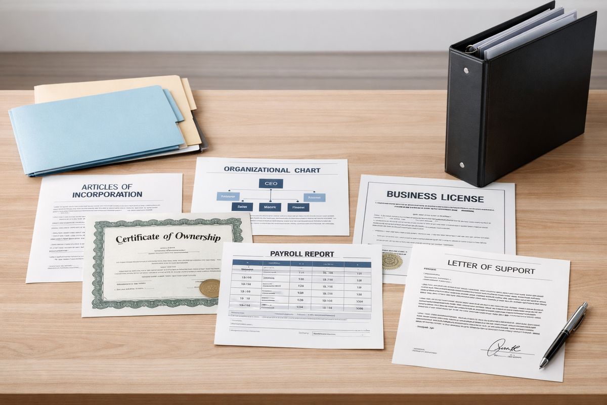 A desk covered with organized immigration paperwork, including corporate formation documents, ownership certificates, payroll records, an organizational chart, a business license, and a signed support letter, with file folders and a binder arranged neatly beside them
