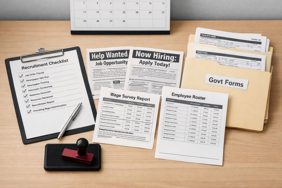 An organized filing workspace with a recruiter-style checklist, copies of recruitment ads, a wage survey printout, an employee roster, and a folder of government forms spread across a table, with an office calendar and a stamp pad nearby to suggest the step-by-step labor certification process