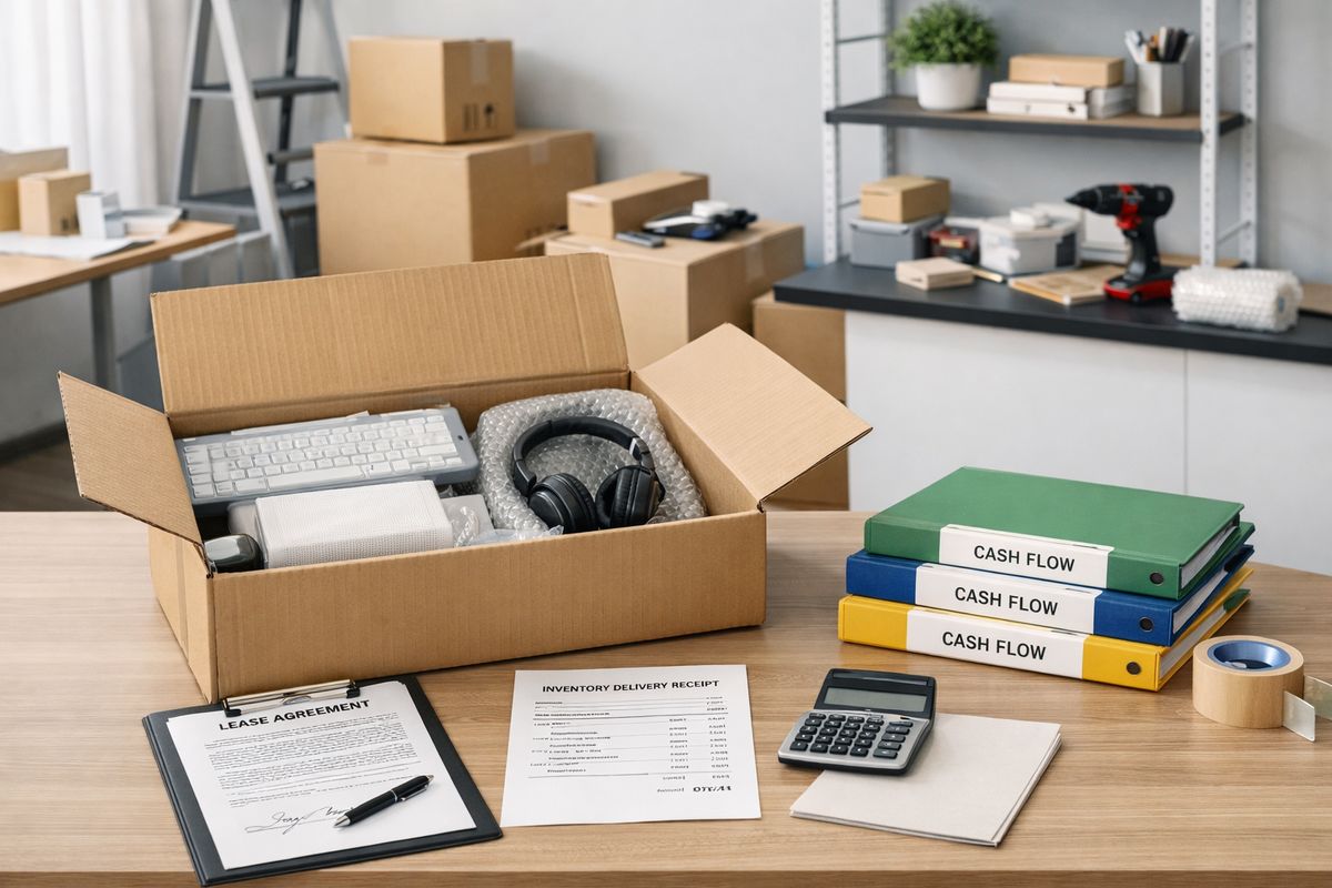 A startup workspace with an open box of new equipment, an ink-signed lease agreement, a receipt for inventory delivery, stacked cash-flow folders, and a small retail or office space being set up with tools, shipping cartons, and unpacked business supplies
