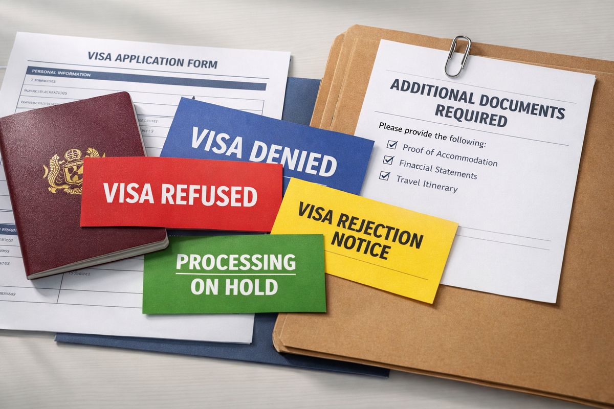 A close-up of different visa refusal slips in distinct colors spread across a desk next to a passport and application forms, with one paper clipped to a folder of extra document requests and another marked with a processing hold notice