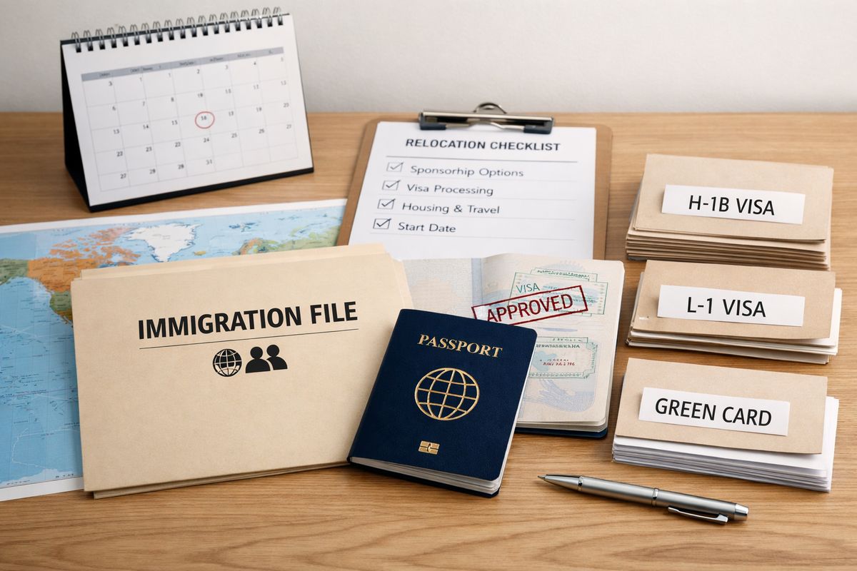 A hiring workspace showing an immigration file folder next to a world map, a stamped passport, and separate document stacks for different visa routes, with a calendar and relocation checklist suggesting the employer is considering alternative sponsorship options and delayed hiring